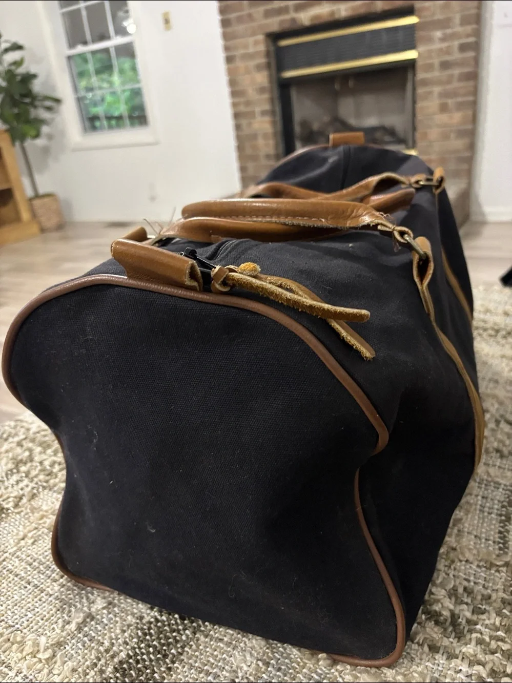 RSJ&G Black Canvas Weekend Travel Duffel Bag with‎ Brown Leather Trim